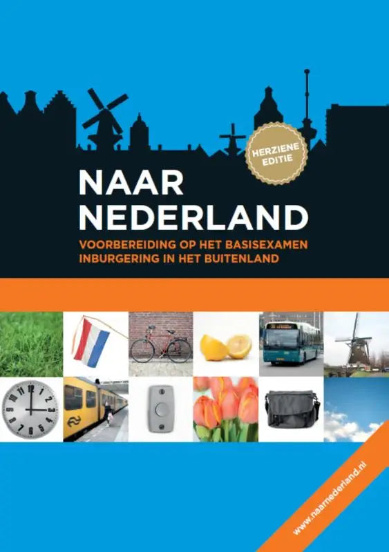 Boek cover naar nederland nederlands koerdisch met windmolens en oranje streep ter voorbereiding op basisexamen inburgering