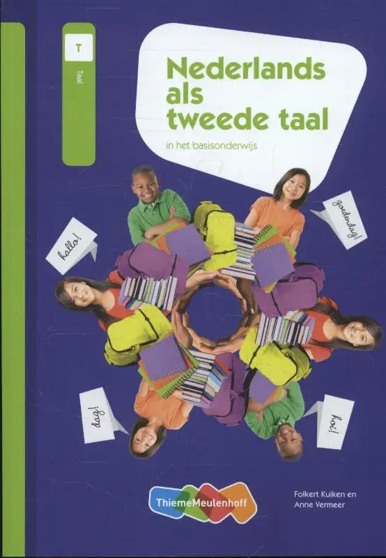 Purple and green textbook cover for Nederlands als tweede taal in het basisonderwijs met kinderen en Nederlandse begroetingen