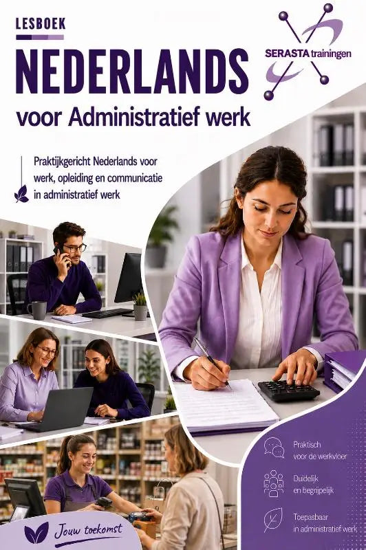 Vrouw draagt een paarse blazer geschikt voor administratief werk in een kantooromgeving