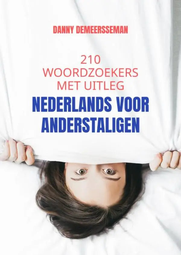 Witte boekcover met rood en blauw tekst en persoon die uit stof kijkt nederlands voor anderstaligen woordzoekers