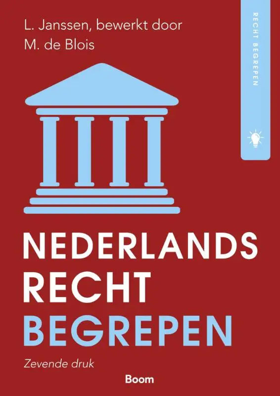 Rood boek met lichtblauwe illustratie van een klassiek gebouw en titel nederlands recht begrepen in witte en blauwe tekst