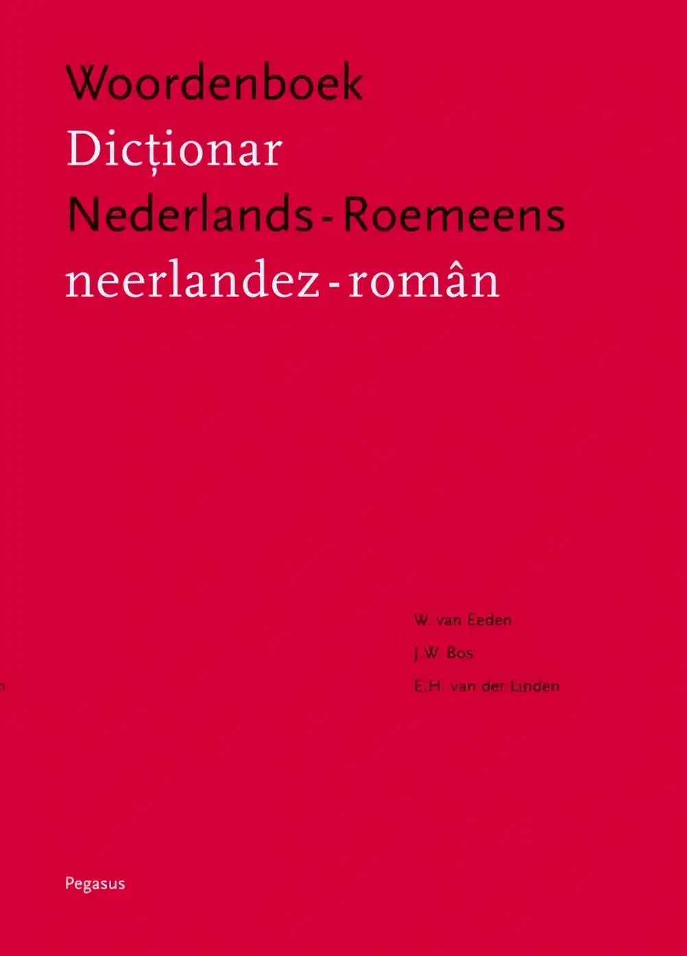 Een levendig rood nederlands-roemeens woordenboek van pegasus binnen woordenboeken met zwarte tekst op de omslag