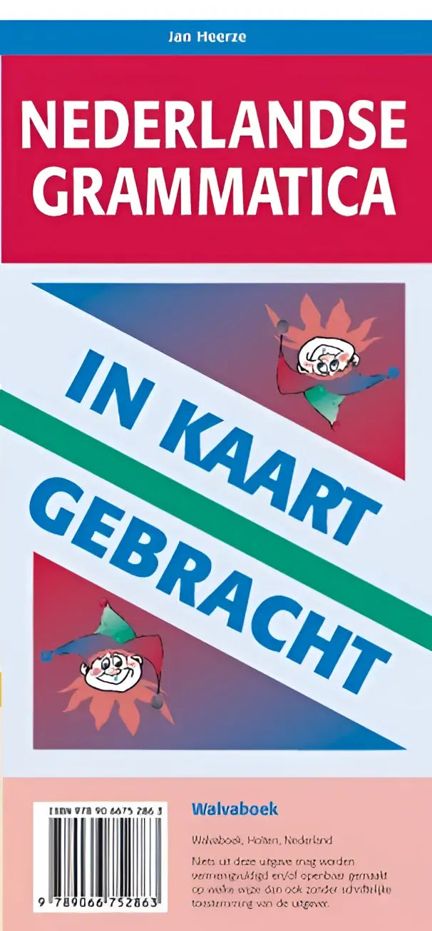 De boekcover van nederlandse grammatica in kaart gebracht toont rode en blauwe tekst met cartoonfiguren op witte achtergrond