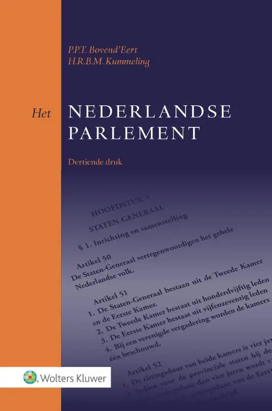 De boekcover van het nederlandse parlement toont de titel in witte serifletters op diepblauwe achtergrond met oranje streep en wolters kluwer nederland branding
