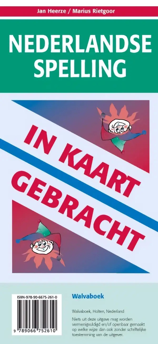 The cover of nederlandse spelling in kaart gebracht shows bold red and green text with cartoon figures on white background