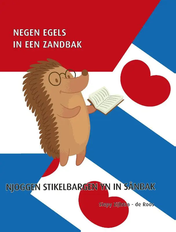 Een charmante cartoon negen egels met bruine stekels en bril leest boek tegen rood-wit-blauwe achtergrond