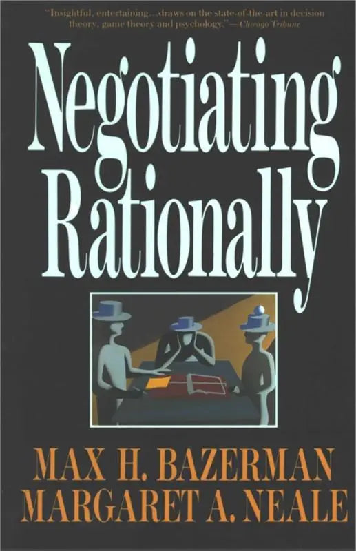 Zwart boekomslag van negotiating rationally met witte serif titel en illustratie van drie figuren rond tafel