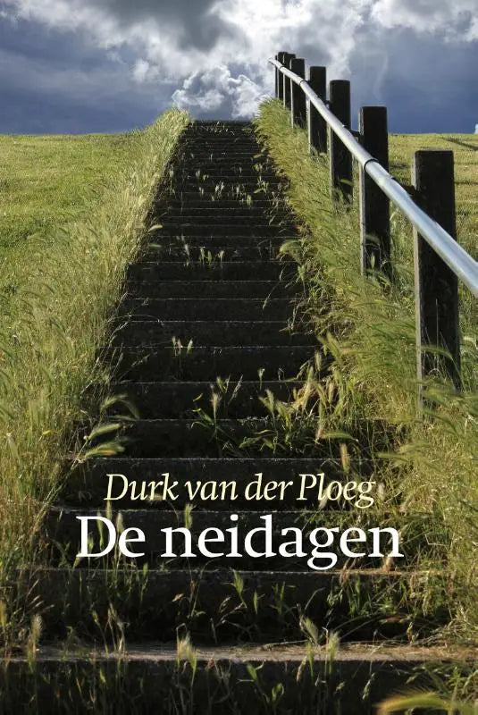 A book cover of de neidagen featuring a long weathered stone staircase with wooden railings and green grass under a cloudy sky