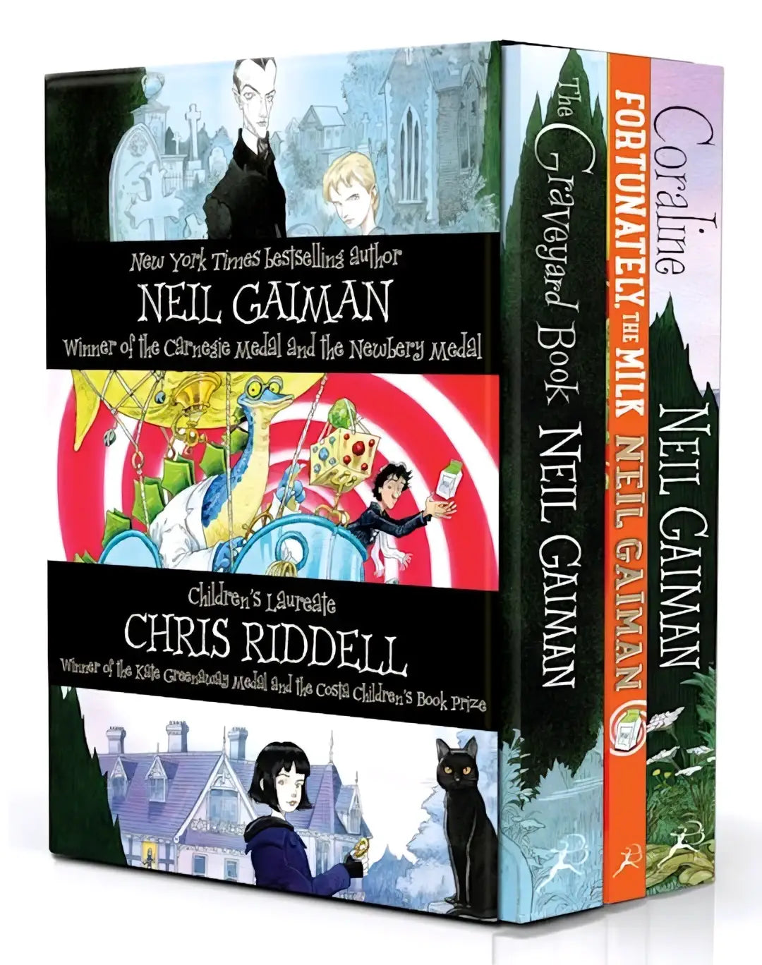 Neil gaiman en chris riddell geïllustreerde box set met levendige fantasierijke kinderboekomslagen