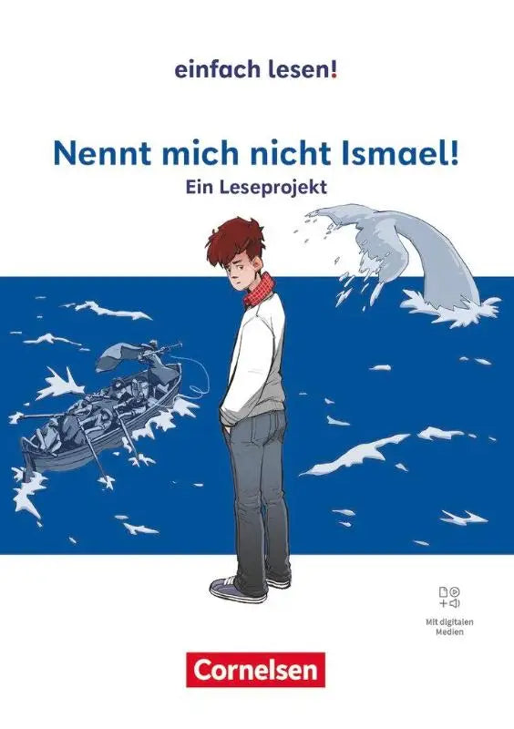 De cover van het leesprojectboek nennt mich nicht ismael toont een gestileerde illustratie van een jongen met rood haar bij een boot