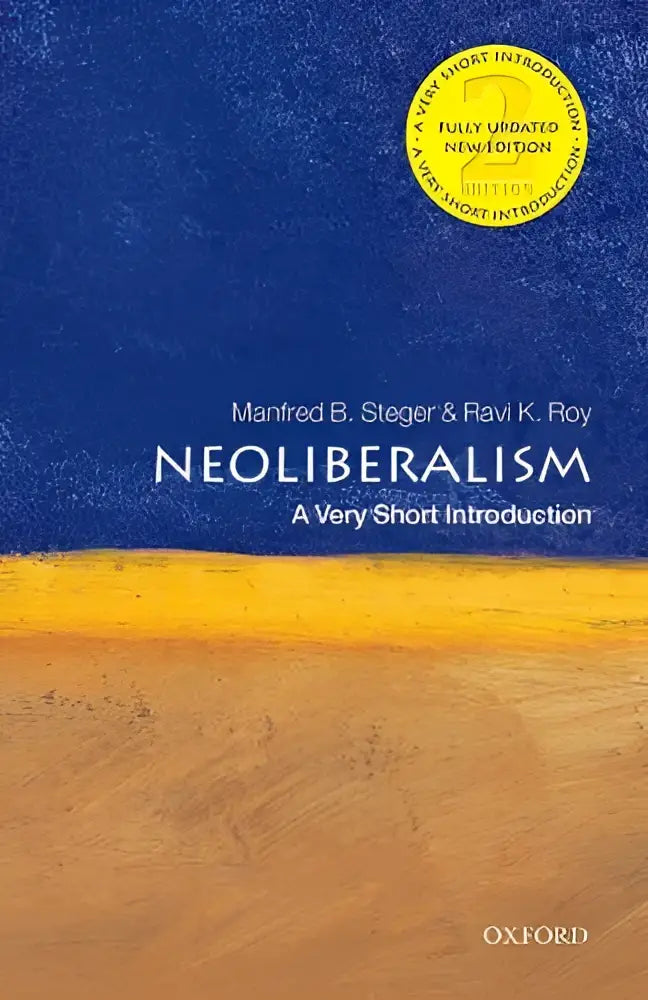 De boekomslag toont een zeer korte introductie over neoliberalisme met een opvallend blauw en geel abstract ontwerp