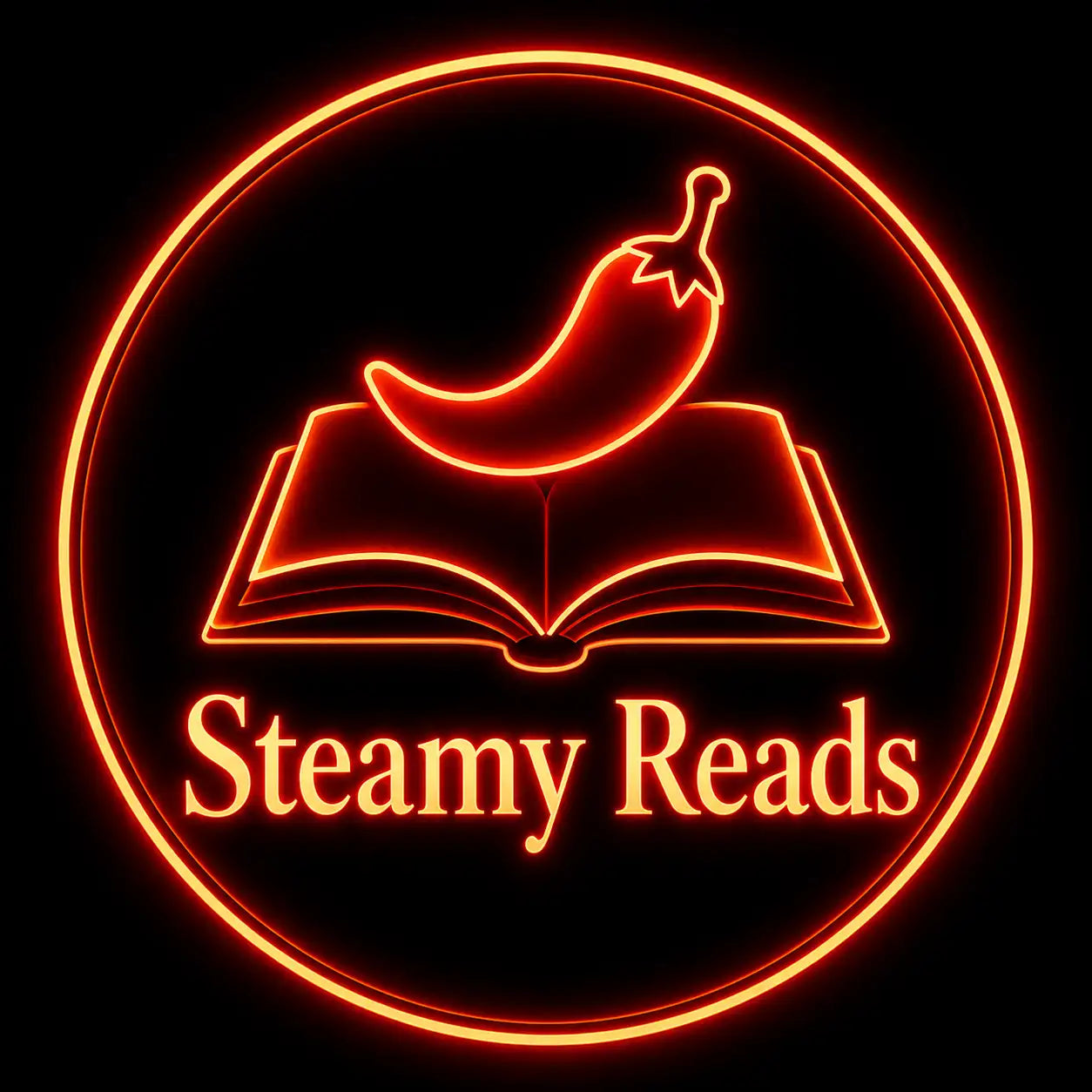 Neon-oranje rond logo met een open boek waarop een chilipeper rust, verlicht door gloeiend oranje licht.