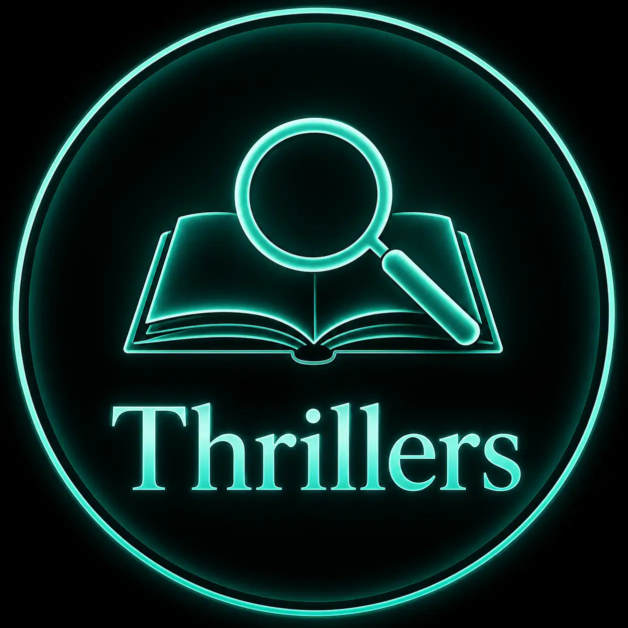 Neon-turquoise cirkelvormig logo met een open boek waarop een vergrootglas ligt, verlicht door gloeiend licht.