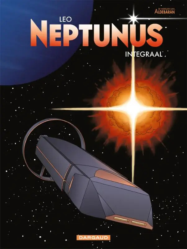Donkere grijze, hoekige neptunus integraal ruimteschip met oranje accenten en een cirkelvormige ring aan de zijkant