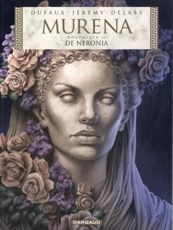 A sculpted stone bust of a woman with closed eyes wearing an elaborate floral wreath with roses and purple blossoms de neronia
