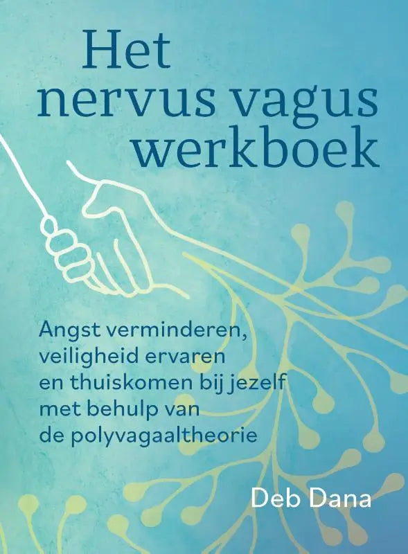 Blauw nervus vagus-werkboek met witte lijntekeningen en gele patronen voor angst verminderen en veiligheid ervaren