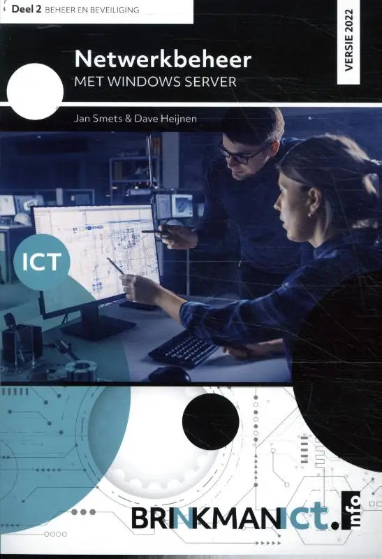 Blauw-witte cover van het leerboek netwerkbeheer met windows server 2022 deel 2 met digitale illustratie van professionals