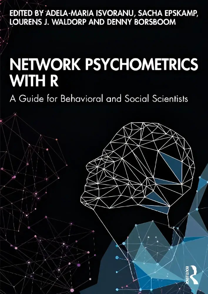 Zwart boek met geometrische wireframe illustratie van een hoofd voor network psychometrics with r guide for behavioral en social scientists