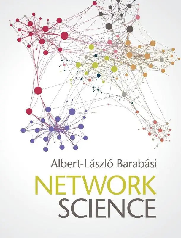 De boekomslag van Network Science door Albert-László Barabási toont een full colour abstract netwerkdiagram in rode, blauwe, gele en grijze tinten