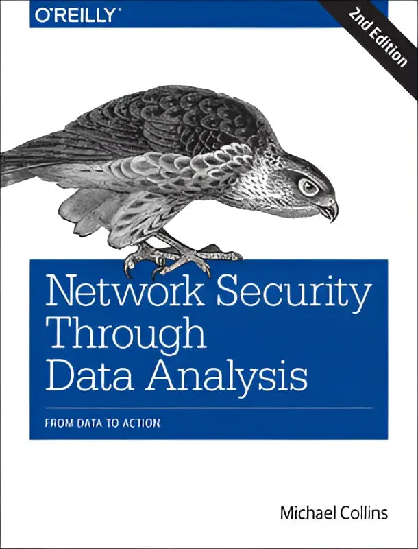 De boekomslag toont een zwartwit illustratie van een uil boven de titel network security through data analysis op blauwe achtergrond