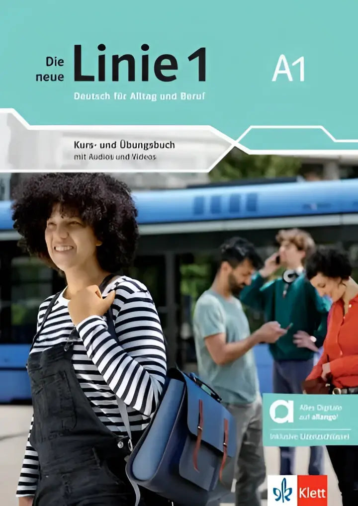 Blauwe leren satchel met bruine riemen uit de nieuwe linie 1 a1, over de schouder gedragen