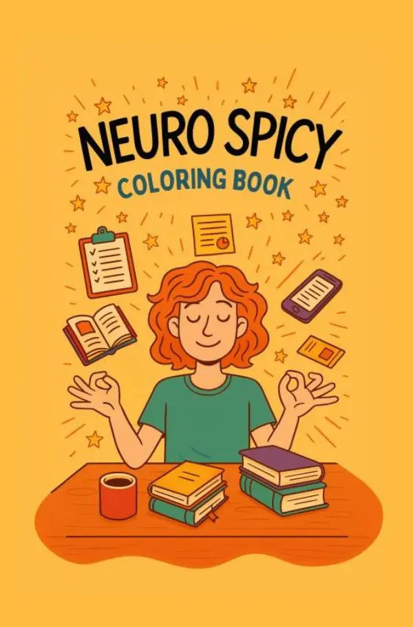 Neuro spicy coloring book with bold black and teal letters on yellow featuring a person with floating books phones and notebooks