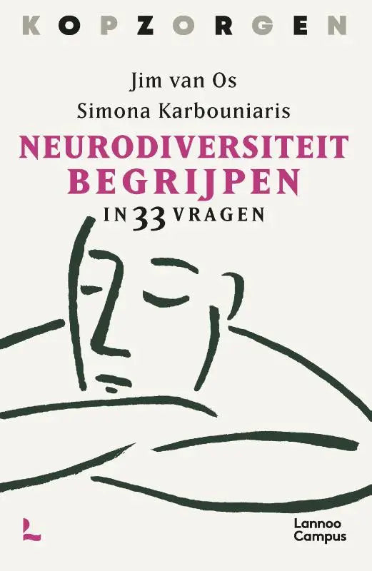 De boekcover van neurodiversiteit begrijpen toont een minimalistische zwarte lijntekening van een gezicht op een licht crèmekleurige achtergrond