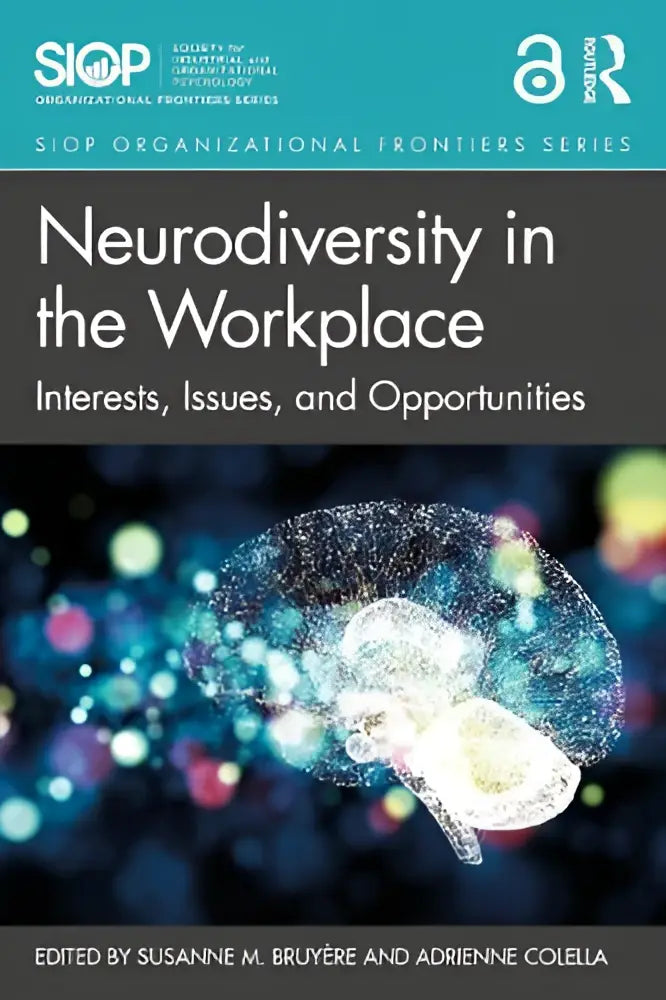 De boekcover van neurodiversity in the workplace toont een gloeiende hersenillustratie en kleurrijke bokeh met kansen in the workplace