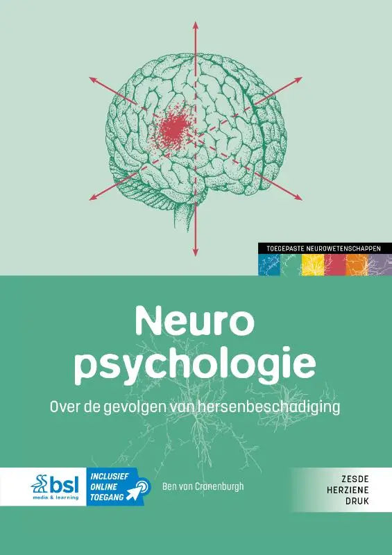 De boekcover van neuropsychologie door ben van cronenburgh toont een groene hersenillustratie met rode pijlen voor paramedisch algemeen bsl media