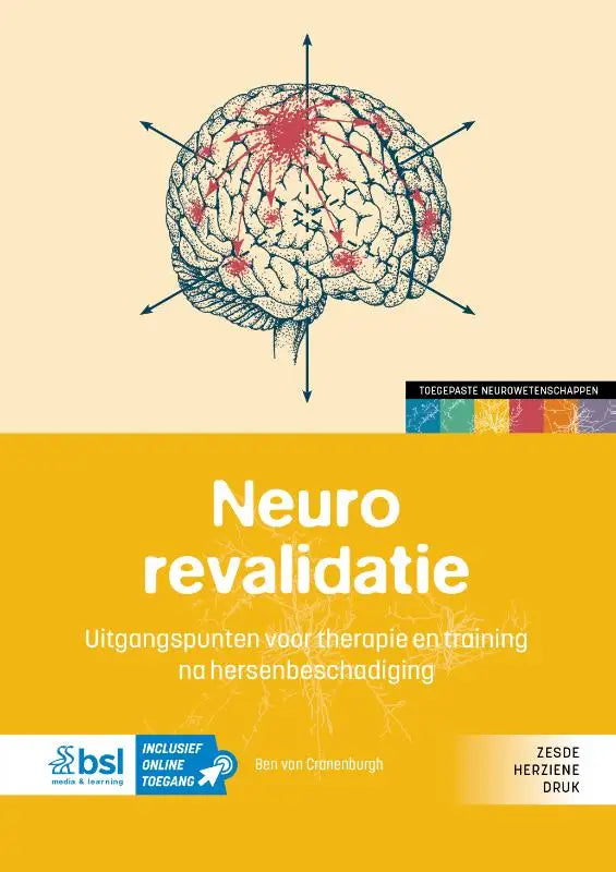 Gele boekomslag van neurorevalidatie door ben van cronenburgh met gedetailleerde illustratie van hersenen en rode markeringen