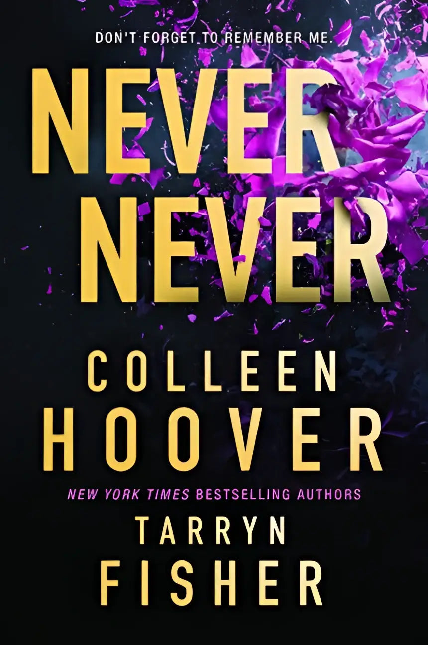 Het boekcover van never never door colleen hoover en tarryn fisher met gele tekst en paarse gebarsten glas achtergrond