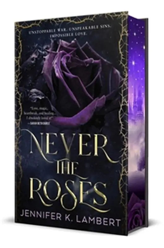 A dark purple gothic book titled never the roses by jennifer k with a thorny rose and starry sky design