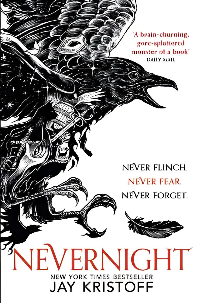 De cover van het boek nevernight van jay kristoff toont een zwart-wit illustratie van een mechanische kraai voor the nevernight chronicle