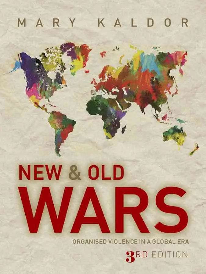 Boekomslag van new and old wars toont een abstracte wereldkaart in meerkleurige penseelstreken op beige achtergrond