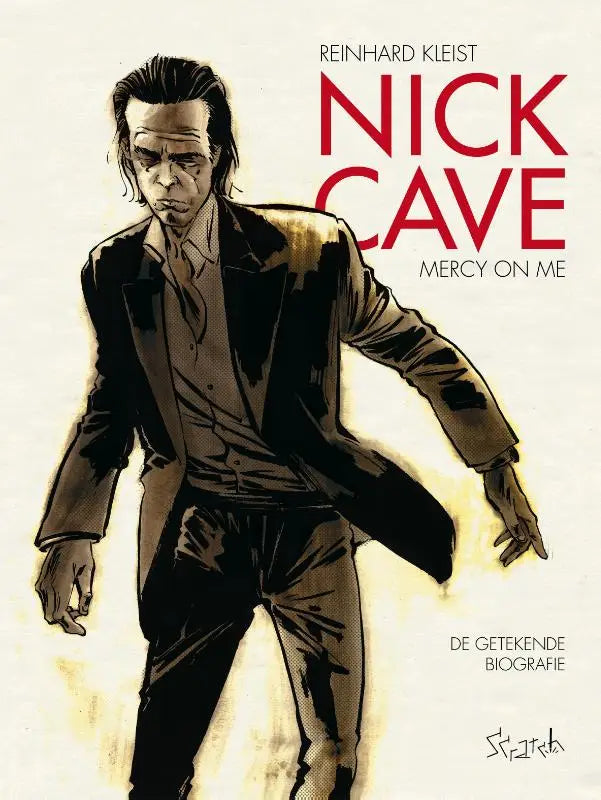 Zwartbruine geïllustreerde portret van nick cave op de kaft van zijn biografie nick cave mercy on me