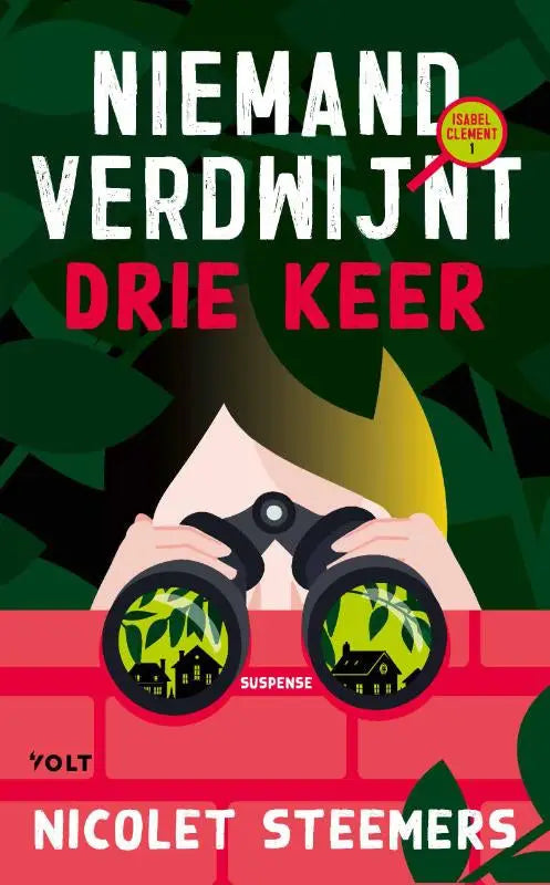 Zwarte verrekijker met groen bladerdecor zichtbaar door lenzen vastgehouden achter rode bakstenen muur in verdwijnt drie keer product