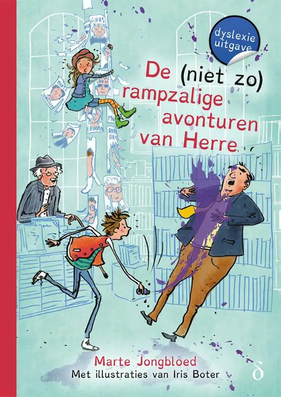 De cover van het kinderboek de niet zo rampzalige avonturen van herre door marte jongbloed met kleurrijke illustraties en rode rug