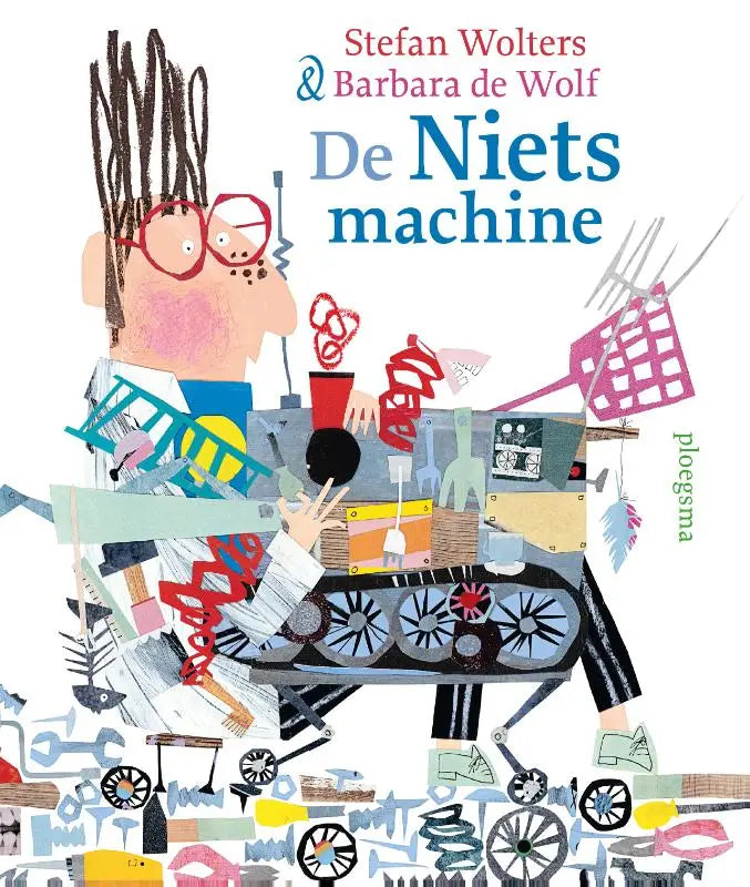 Illustrated childrens book cover for de nietsmachine by stefan wolters featuring a whimsical character with red glasses operating a colorful mechanical machine