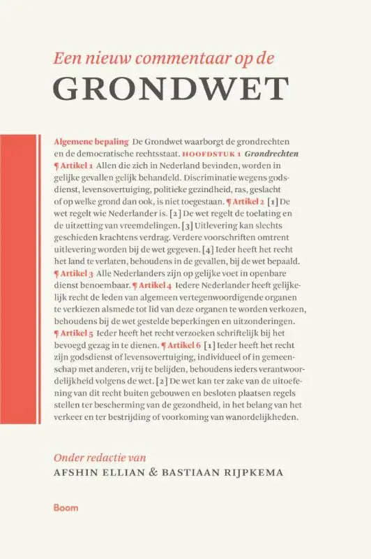 Een boekcover van een nieuw commentaar op de grondwet met creamkleurige achtergrond door koninklijke boom uitgevers