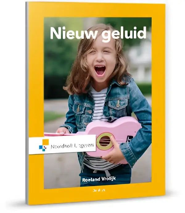 Vrolijk boek nieuw geluid met een kind in spijkerjas en roze gitaar gericht op hoger onderwijs en kunstzinnige vorming