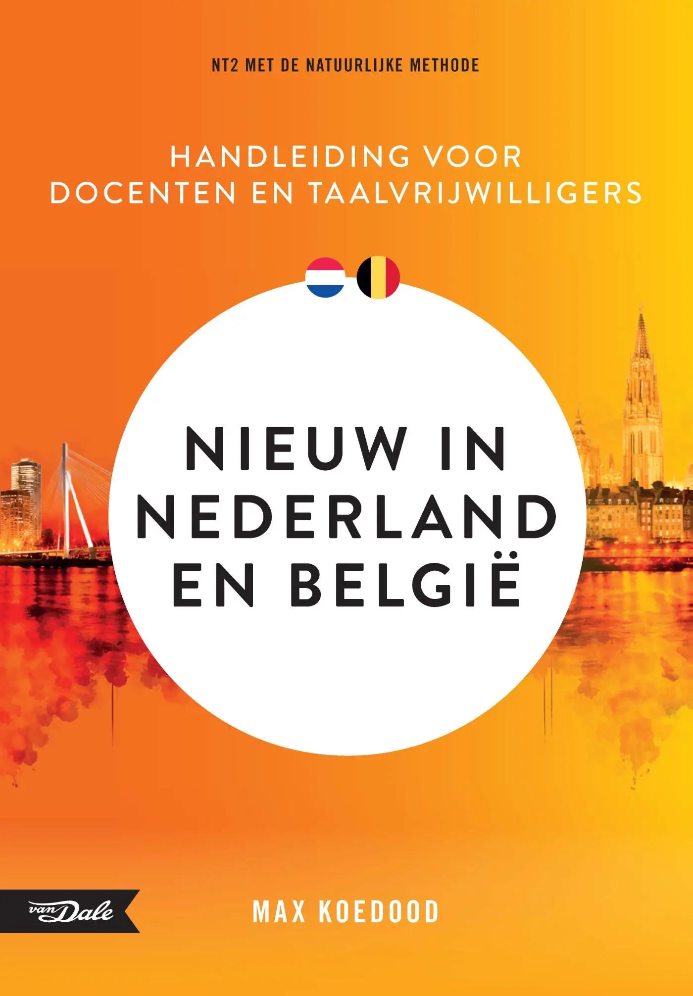 Oranje boekomslag van van dale met wit cirkelontwerp en vlaggen van nederland en belgië voor natuurlijke methode handleiding