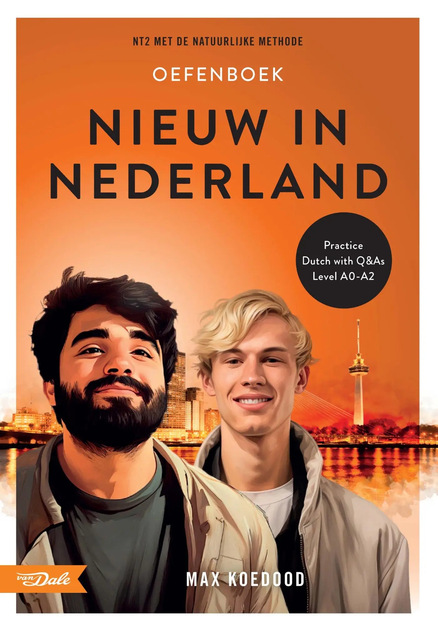 Orange-covered dutch language learning book nieuw in nederland featuring illustrated portraits for learn dutch with natuurlijke methode