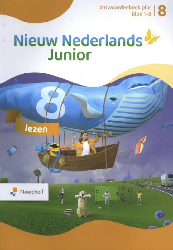 De voorkant van het antwoordboek nieuw nederlands junior blok 1-8 toont een blauwe walvisvormige luchtballon met het nummer 8