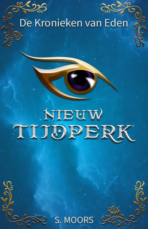 Nieuw tijdperk product met gouden oog en dieppaarse iris tegen een spilkele blauwe achtergrond