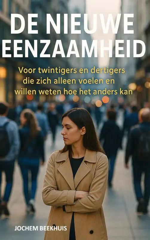De nieuwe eenzaamheid boekcover toont een vrouw in beige trenchcoat met armen gekruist tegen een vage stadsachtergrond, voor twintigers die willen weten hoe het anders kan
