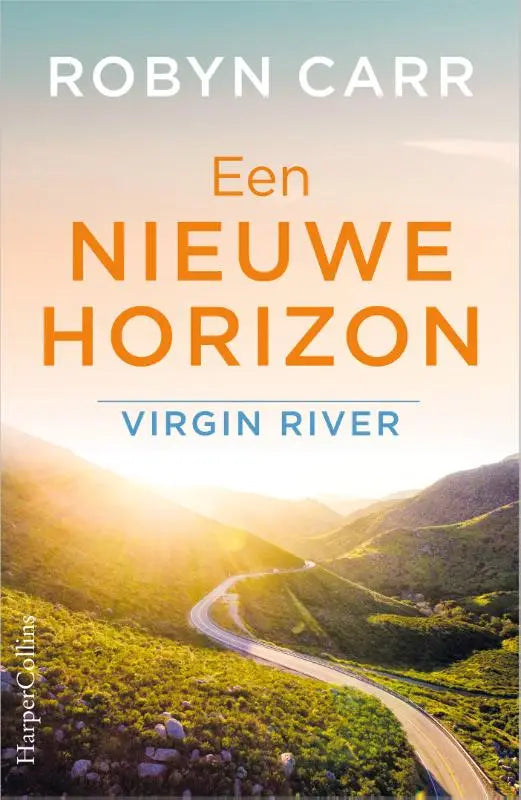 The book cover van een nieuwe horizon toont een oranje titel boven een schilderachtige weg door zonverlichte heuvels