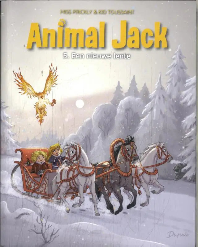 Cover van het comicboek animal jack nieuwe lente van kid toussaint toont een winters tafereel met drie paarden en een gouden feniks