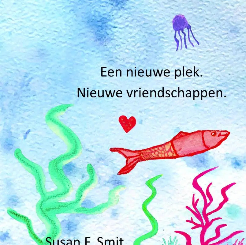 Een aquarelillustratie van een levendige rode vis die zwemt in een nieuwe plek voor nieuwe vriendschappen jonge lezers