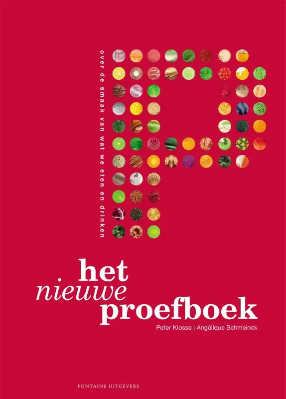 Rode omslag van het nieuwe proefboek met een grote gestileerde p van cirkelvormige voedselbeelden door peter klosse bij park uitgevers