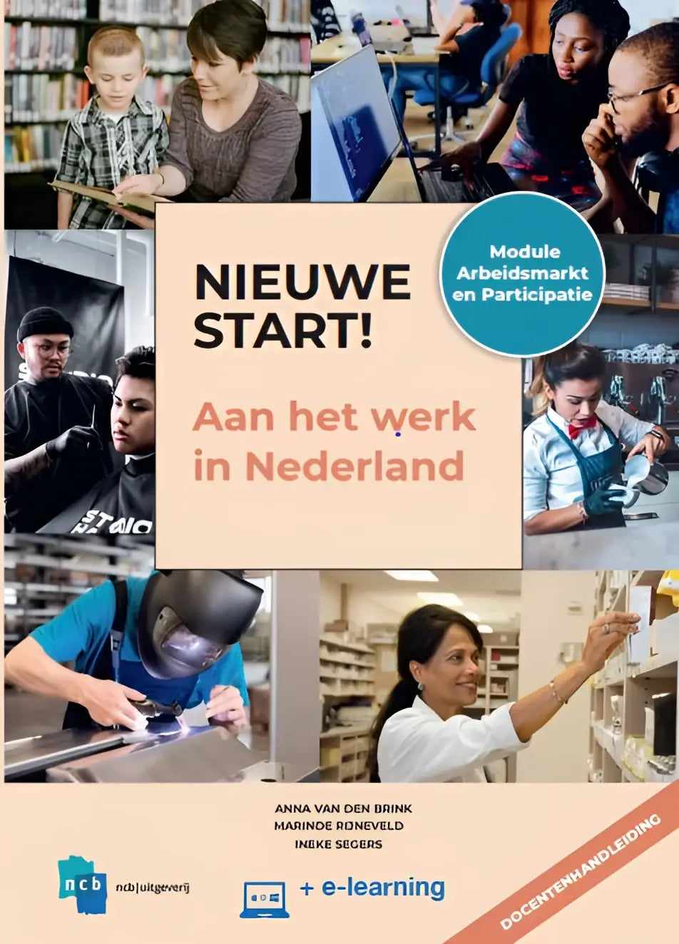 De cover van nieuwe start educatief boek toont diverse personen in professionele werkzaamheden